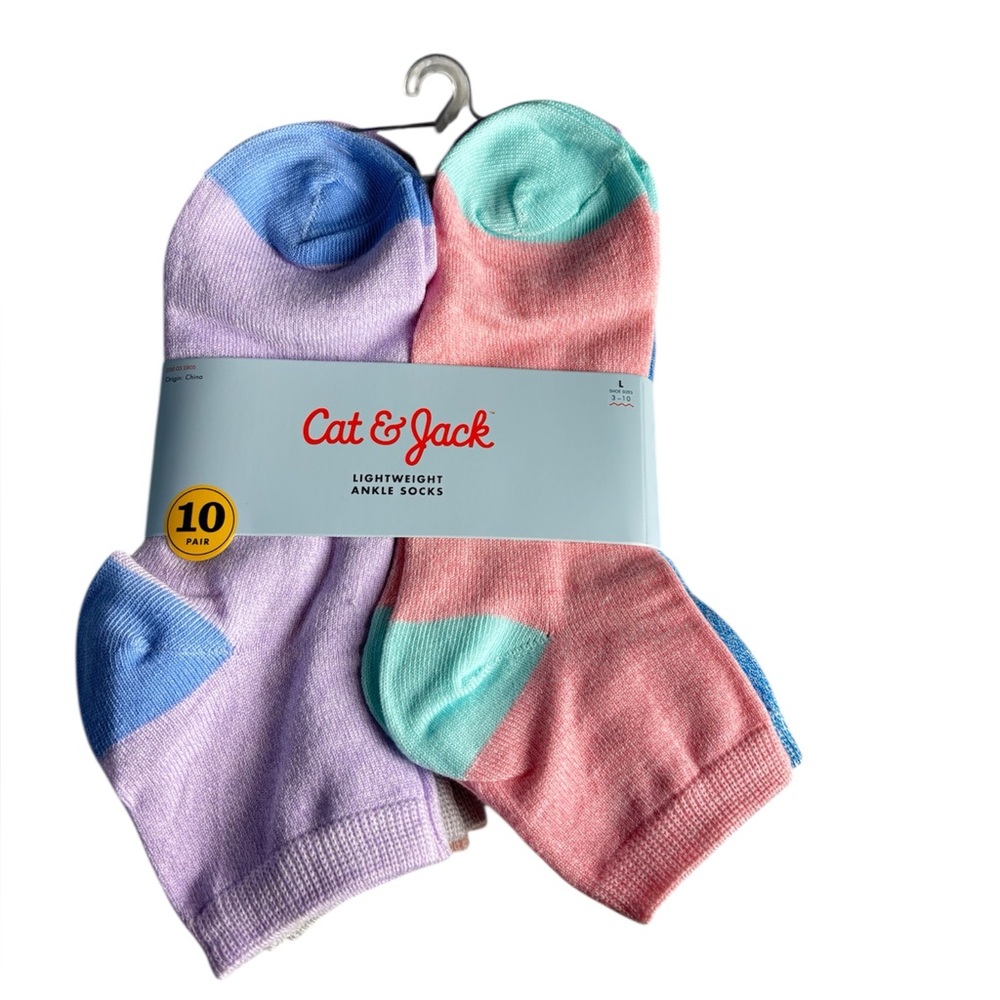 Cat & Jack Lightweight Ankle Socks 10 Pairs‎ Girls Size L (3–10) Pastel NWT